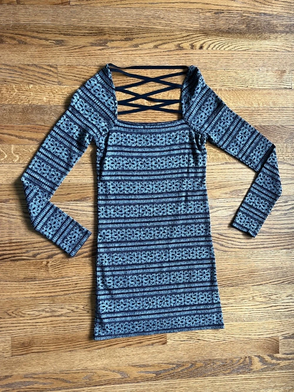 Free People Black and Gray Strappy-Back Long Sleeve Knit Mini Dress